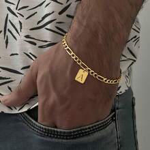 1pc Classic Rectangle Hollow Initial Golden Stainless Steel Figaro Chain Bracelet For Men - Yellow Gold - View 1