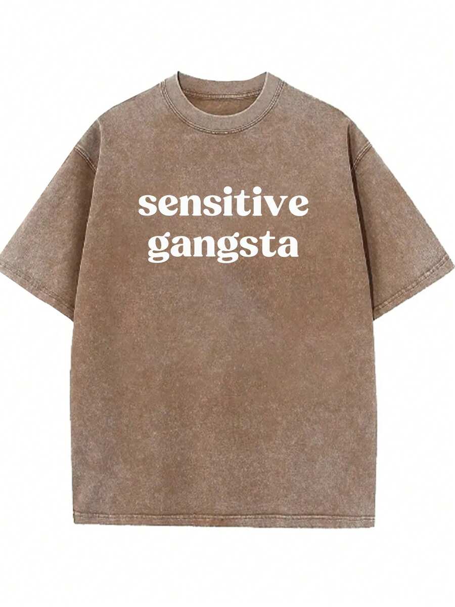 Sensitive Gangsta T Shirt Retro Washed T-Shirt Double Sided Printed 230 Pure Cotton T-Shirt Men's T-Shirt Men's Casual Comfortable Fashionable T-Shirt Street Style Cotton - Cà phê nâu - Xem 1