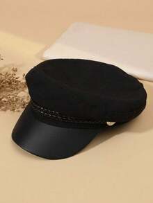 1pc Solid Color Minimalist Newsboy Cap With Leather Strap & Button, Japanese Style Brim Sailor Beret Hat Women, Outdoor - 黑色 - 查看 3