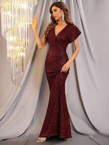 Faeriesty 优雅的交叉亮片美人鱼礼服，全身亮片装饰，修身剪裁和喇叭裙摆设计，适合婚礼宾客、红毯活动、新娘写真、正式场合、周年庆典、度假春日派对等场合。 - 酒紅色 - 查看 8