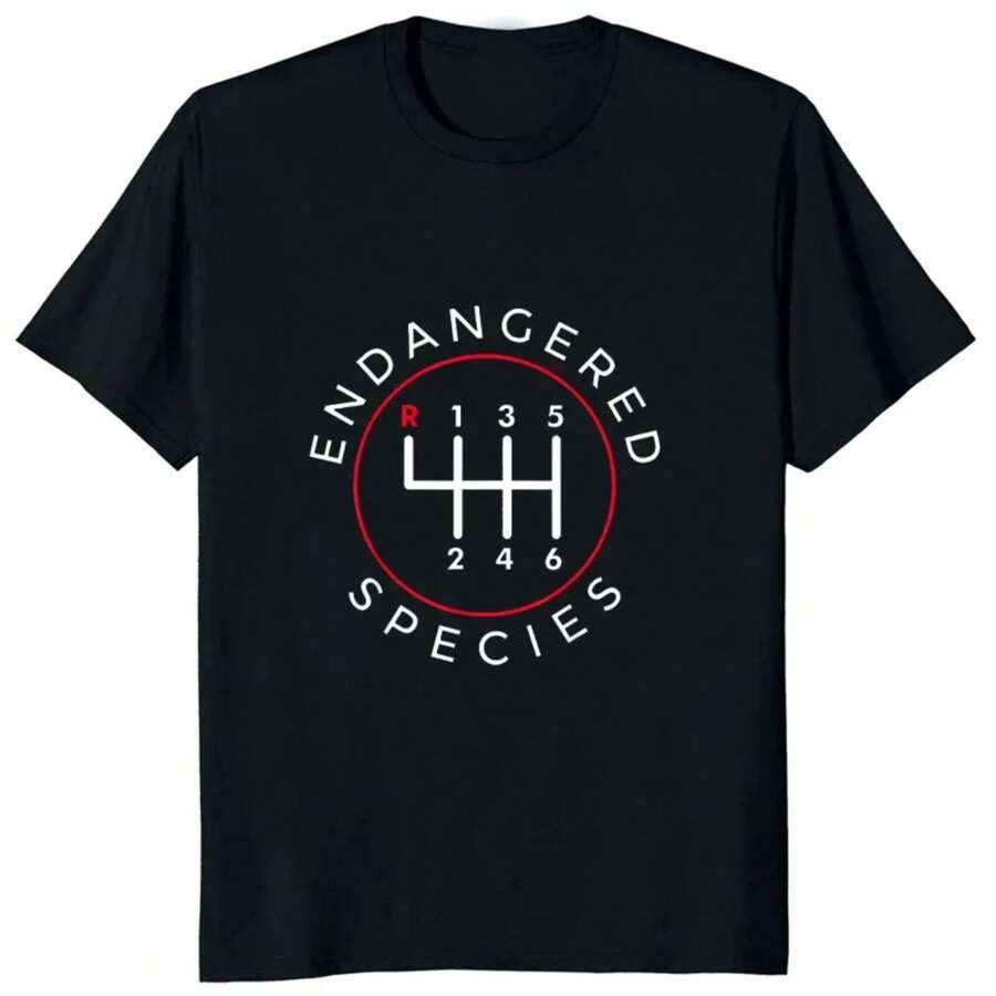 Camiseta de hombre con estampado de humor de caja de cambios manual de especies en peligro de extinción, camiseta gráfica de amantes de los coches, ropa de calle - Negro - Ver 1