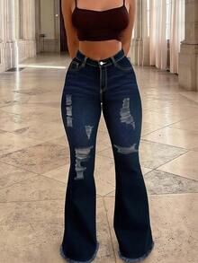 Plus Size Women's Mid-Rise Flared Jeans, Sexy Ripped Elastic Raw Hem Denim Flared Pants, Casual Wear Fashion Trousers - 深色水洗藍 - 查看 5