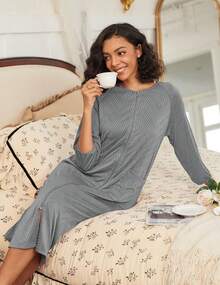 Zipper Robes For Women Ribbed Knit Bathrobe Lightweight Full Length Loungewear With Pockets S-3XL - 彩色 - 查看 5