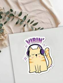4/1 Piece Interesting Headphone Cat "VIBIN" Sticker - Fashionable And Fun Stickers Suitable For Laptops, Phones, And Water Bottles. The Perfect Gift For Cat Lovers And Music Enthusiasts! - Multicolor - View 7