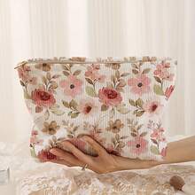 Large Capacity Corduroy Women's Cosmetic Bag, Travel Essential Zipper Toiletry Pouch, Pink Floral Print, Large Storage Bag, Suitable For Gifting - Apricot - View 1