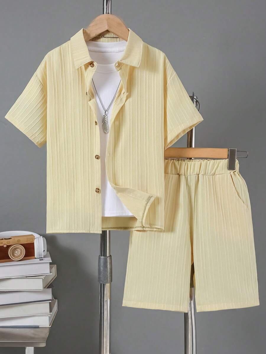 Boys' Casual Lightweight Breathable Solid Color Wavy Texture Shirt Collar Short Sleeve Shirt And Shorts Set, Spring/Summer - Yellow - View 1