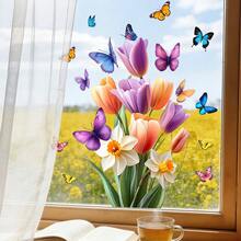 1/5 Sets Spring Vibrant Tulip & Butterfly Window Stickers, Reusable PVC Double-Sided Static Cling Window Decor Stickers, Suitable For Bedroom, Living Room, Study And Office Decor, Also Prevent Collision And Bird Strike - Multicolor - View 3