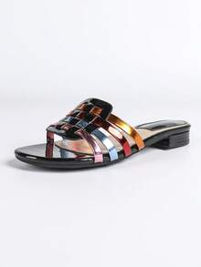 2cm Low Heel Black Colorful Woven Strap Slippers, Bohemian Style Casual Beach Holiday Sandals - Black - View 7