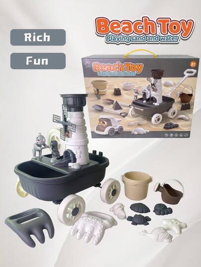 12pcs Sand & Snow Play Vehicle Set - Includes Pull Car With Spinning Water Wheel, Bucket, Shovel, Rake And Ocean Animal Molds - Suitable For Children 18 Months And Up, For Beach, Sandbox And Winter Snow Outdoor Play