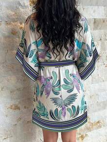 ChicMe Women's Plant Print 2 Pieces Set V Neck Batwing Sleeve Back Hollow Out Bodysuit And Elastic Waist Tie Wrap Skirt Casual Vacation Beach Daily Wear Summer - Multicolor - View 3