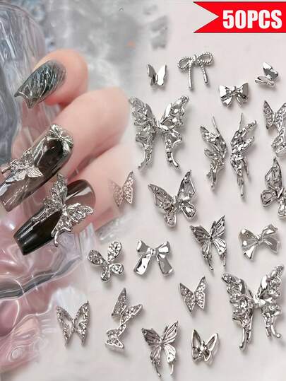 50pcs Metal Butterfly Nail Charms,Approx 15+ Styles Butterfly Nail Accessories For Valentine's Day Wedding & New Year,Butterfly Bow Silvery Nail Jewelry Gifts For Women Girls