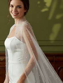 2m Nail Bead Bridal Shawl Cloak Pearl Wedding Shawl Cape Church Bridal Shawl Beaded Top Wedding Wraps Accessories - A - View 2