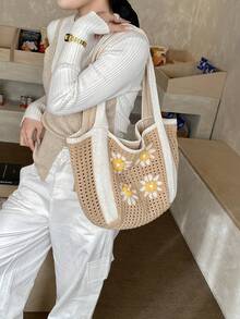 Dedoo Bohemian Style Women's Handbag, Large Capacity Open-Top Tote, Beach Bag, Travel Accessory, Woven Texture, Suitable For Work, School, Beach, Crochet, Holiday (Flower Color/Position Random) (Strap Color/Pattern Random) - Apricot - View 3