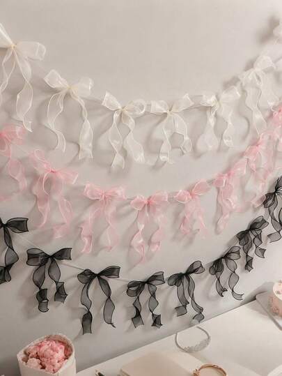 Pink Ribbon Bow Floral Garland Decor Banner, Suitable For Birthday Party, Baby Shower, Bridal Shower, Bachelorette Party, Theme Party Decor, Home Decor, Various Parties And Weddings