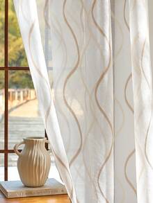 1pc Wavy Striped Sheer Curtain, Casual Lightweight With Eyelet Top Design, Suitable For Living Room And Bedroom, Elegant Translucent Wavy Ripple White Voile Drape - White - View 3