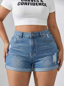 Women's Summer Fashionable Casual Slim Fit Plus Size Denim Shorts, Medium Stretch, With Distressed Ripped Hem Design, Suitable For Daily Wear - Blue - View 4