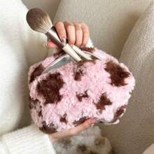 豹纹毛绒枕套、化妆包、收纳包、旅行洗漱包、拉链方形手拿包 - 杏色 - 查看 4