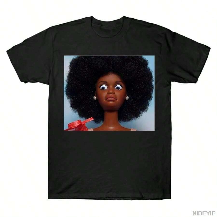 Camiseta de meme de cara de muñeca disgustada de chicas negras para hombres y mujeres, camisetas 100% algodón, tops de manga corta J117 - Negro - Ver 1
