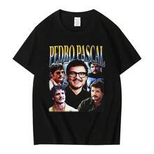 Camisetas casuales de algodón para hombres y mujeres, ropa de calle retro de gran tamaño, camiseta con patrón del actor estadounidense clásico Pedro Pascal Harajuku - Negro - Ver 10