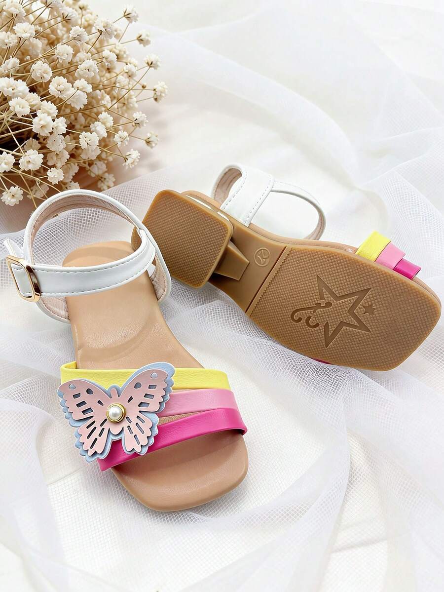 1 Pair Fashionable Children's High Heel Sandals, Elegant Girls' High Heel Sandals, Wedding Shoes, Bow Decor, Hook And Loop Design, Easy To Wear, Suitable For Girls Aged 6-12, Daily Outing, Party, Gathering - Multicolor - View 1