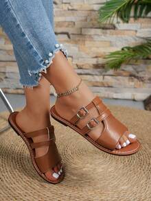 1 par de sandalias de mujer de unicolor, elegantes, casuales y sexys de cuero PU para exteriores, adecuadas para la playa, resort, casual, oficina, hogar, primavera/verano - Marrón - Ver 7