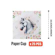 一套花卉骏马图案一次性餐盘、餐巾纸、纸杯，适合25位客人使用，一次性纸盘，派对用品，适用于生日、婚礼、主题派对、家庭野餐等场合。 - 彩色 - 查看 8