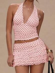 Women Polka Dot Outfits 2 Piece Skirt Sets Vintage Halter V-Neck Top And Ruffle Layered Mini Skirt Summer Y2k Outfits - 粉色 - 查看 5