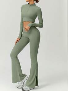 NcmRyu 1 Set Women Half Zip Mock Neck Thumb Hole Long Sleeve Split Flare Pants Sports Suit - Mint Green - View 5
