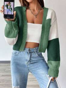 Spring Women's New Color Blocked Shoulder Dustproof Open Collar Wool Sweater, Women's Fashion Matching Thin Knitted Cardigan, Long Sleeve Top Spring Women's Fabric, French Fashion Multi Functional Black And White Striped Knitted Cardigan, Valentine's Day Women's Fashion Essential Plush Knitted Sweater, Preferred Gift For Couple Fashion Clothing - màu xanh lá - Xem 3