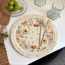 1/4/6pcs Spring And Summer Collection, Floral And Leaf Print With Butterfly Design Linen Table Mat/Coffee Cup Coaster - Multicolor - View 5