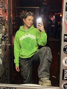 1pcs-Spider Wed Fashion Hip-Hop Printed Flower Hooide European And American Brand Large-Sized Loose Men's And Women's Hooded-280g Pure Heavy 100%Polyester - 綠色 - 查看 2