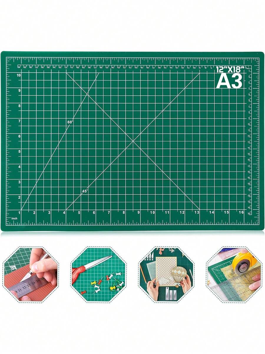 A3/A4/A5 Cutting Mat With Green Grid And Diagonal Cutting Lines - Heavy-Duty Plastic Craft Mat With Rounded Corners, Cm/Inch Scale, Grid Lines, And Cutting Guide. Suitable For Fabric, Paper, DIY, Quilting, Scrapbooking. Sturdy And Durable Precision - Green - View 1