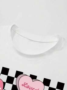 Girls' Casual Heart Print Round Neck Short Sleeve T-Shirt, Summer - White - View 5