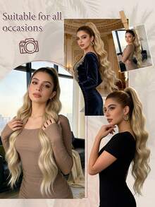 28-Inch Gold Long Wavy Synthetic Heat-Resistant Fiber Ponytail Hair Extension Drawstring Ponytail Hair Accessory, Suitable For Women Party And Daily Use - Gold - View 8