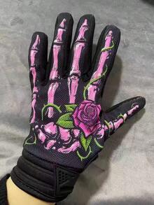 1pair Men's And Women's Rose Patterned Long Finger Outdoor Sports Off-Road Bike Cycling Gloves In Black And Pink,Winter Hand Warmers - Hot Pink - View 1