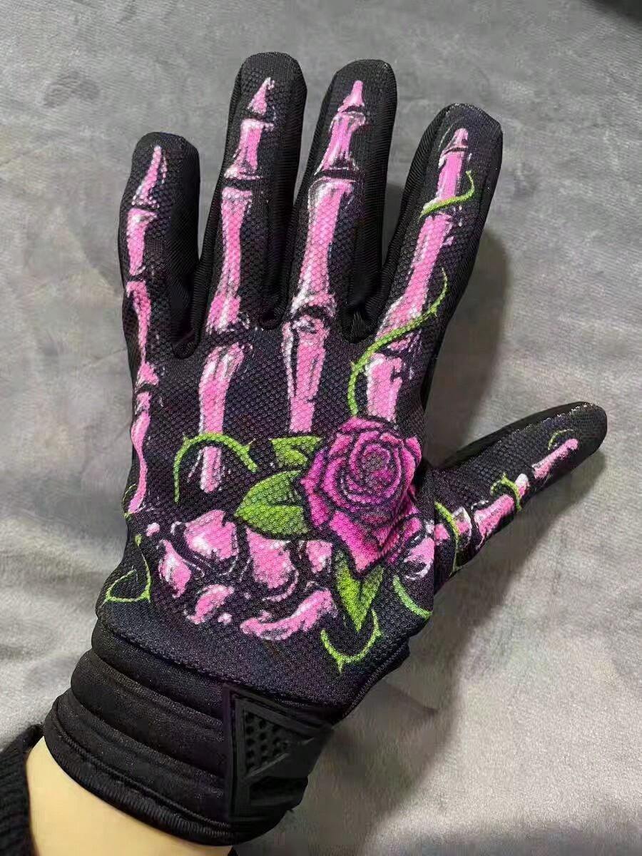 1pair Men's And Women's Rose Patterned Long Finger Outdoor Sports Off-Road Bike Cycling Gloves In Black And Pink,Winter Hand Warmers - Hot Pink - View 1