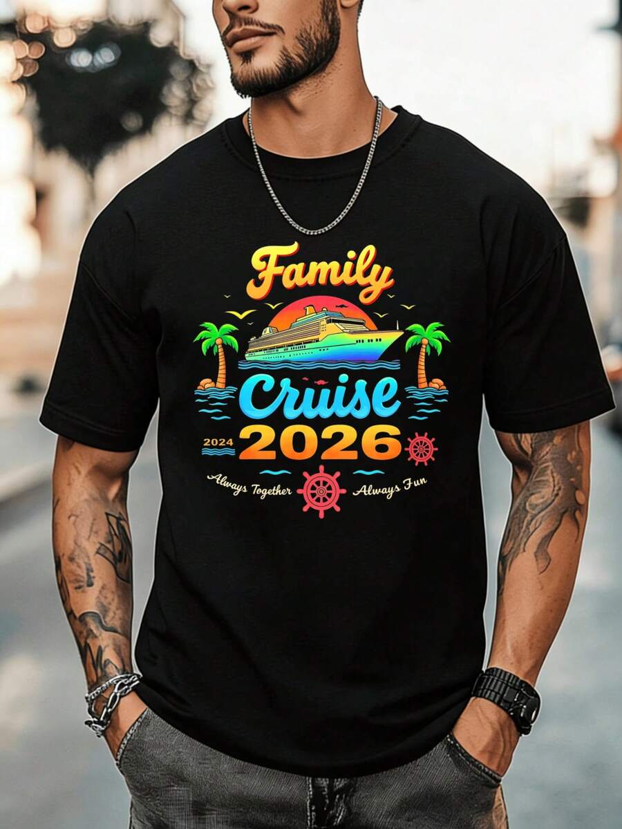 Family Cruise 2026 T-Shirt Summer Vacation Shirt With Cruise Ship And Palm Trees Design For Family Trip 2024 2026 Always Together Always FunFun Stamps Are Suitable For Family GatheringsChristmas Partiessports Activitiesholiday Partiesoutingssports And Other Holiday Gifts (220g). - Black - View 1