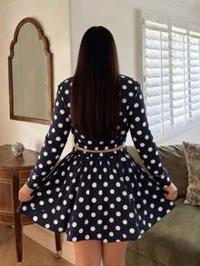 Plus Size Stand Collar Zip‑Front Long Sleeve Polka Dot Drawstring Waist A‑Line 2 Pieces Skirt Set Getaway City Stroll Gathering Vacation Chic Outfit - Black - View 4