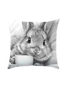 4pcs Sketch Cute Rabbit Printed Pillow Covers | 17.7x17.7in, Polyester, Machine Washable, Zipper Closure, Suitable For Living Room And Bedroom Decor - Black and White - View 13