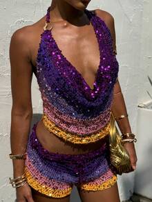 Women's Beach Sequin Halter Top Summer Sleeveless Contrast Tie Back Crop Vest Top Y2k Sparkly Glitter Cowl Neck Backless Cami Tank Top Club Party Vacation Streetwear - Nhiều màu - Xem 3