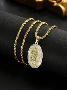 1pc Men's 18K Gold Plated Zirconia Inlaid + Embossed St. Jude Medallion Pendant Necklace, Fashionable Sparkling Rhinestone Men's Jewelry, 3D St. Jude Statue Religious Necklace, Suitable For Daily Street Hip-Hop Outfits And Believers Gatherings - Gold - View 5
