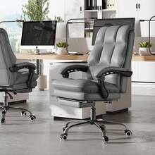 COSTWAY Ergonomic Office Chair, PU Leather Computer Chair With Adjustable Swivel Seat, Reclining Backrest, Linkage Armrests & Retractable Footrest, Executive Task Chair, Grey - Grey - View 9