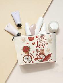 1 pieza Bolsa de cosméticos con patrón de flores de bicicleta roja, bolsa de maquillaje del Día de San Valentín, regalo perfecto para familiares y amigos - Rojo y blanco - Ver 5