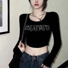 Áo thun dài tay nữ gợi cảm đính đá, dáng ôm, thời trang tối giản, áo crop top đen mùa xuân. - màu đen - Xem 4