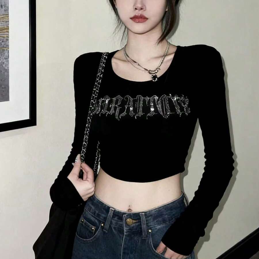 Camiseta de manga larga con incrustaciones de strass sexy para mujer, ajustada, top corto negro minimalista de moda y casual para primavera - Negro - Ver 1