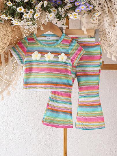 2pcs/Set Toddler Girls' Casual Colorful Short Sleeve T-Shirt + Pants Set, Spring/Summer