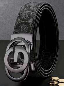 男士时尚百搭字母金色自动扣皮带 - 黑色仿皮，压纹设计，皮革质感，商务或休闲场合的完美节日礼物 - 彩色 - 查看 7