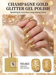 16毫升香槟金闪粉凝胶指甲油，闪耀全息亮片，适合圣诞节、新年派对、迪斯科美甲，可卸除UV/LED凝胶指甲油，高光泽美甲 - 金色 - 查看 2