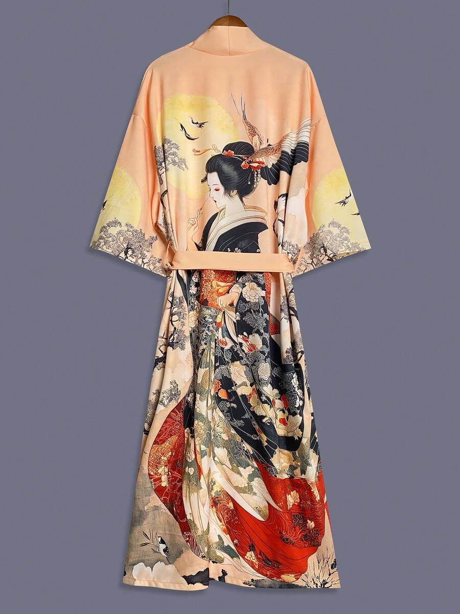 Kimono de estilo tradicional japonés con estampado de belleza, de manga 3/4 y longitud media como chaqueta fina, elegante y casual para uso en la calle, suelto, adecuado para la playa, viajes, vacaciones, ropa de estar en casa, bata, fiesta, bata de baño - Champán - Ver 1