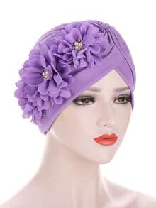 1pc Women's Headscarf Hat, Pleated Watermelon Hat With Three-Flower Fashion Turban Headscarf Hat Hair Sleep Cap - Color - View 13